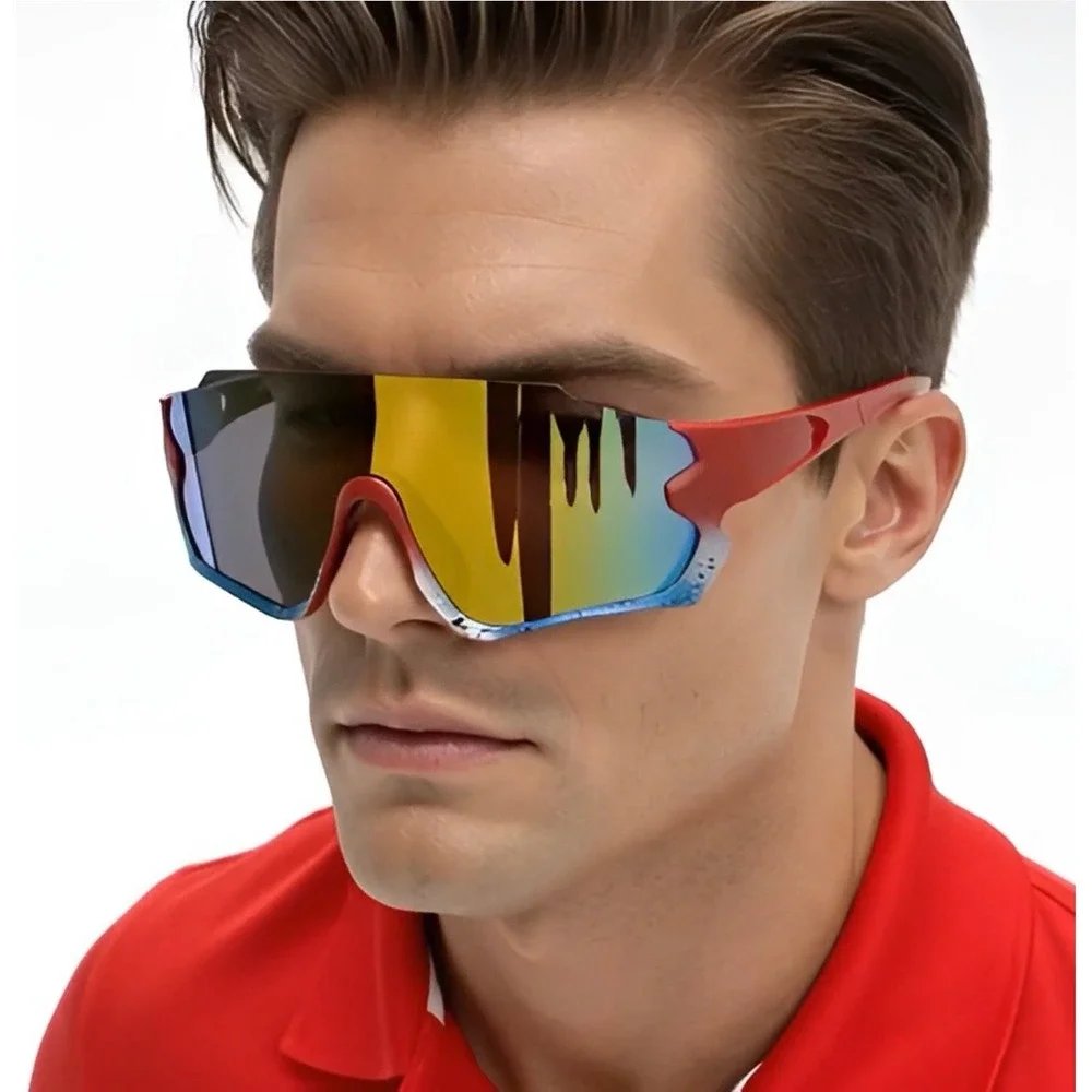 Mens Red Blue Splatter Shield Sunglasses Mirrored Gold Lens‎ Sporty Wrap Shades